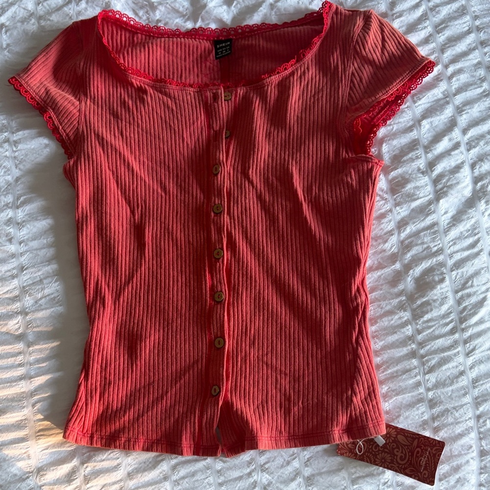 SHEIN Coral Button-Down Shirt with Lace Trim